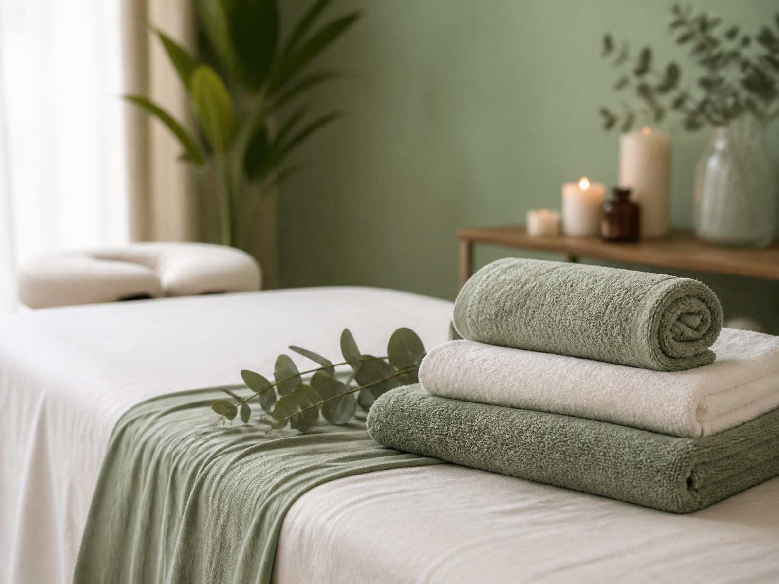 Calm massage room with folded towels and eucalyptus